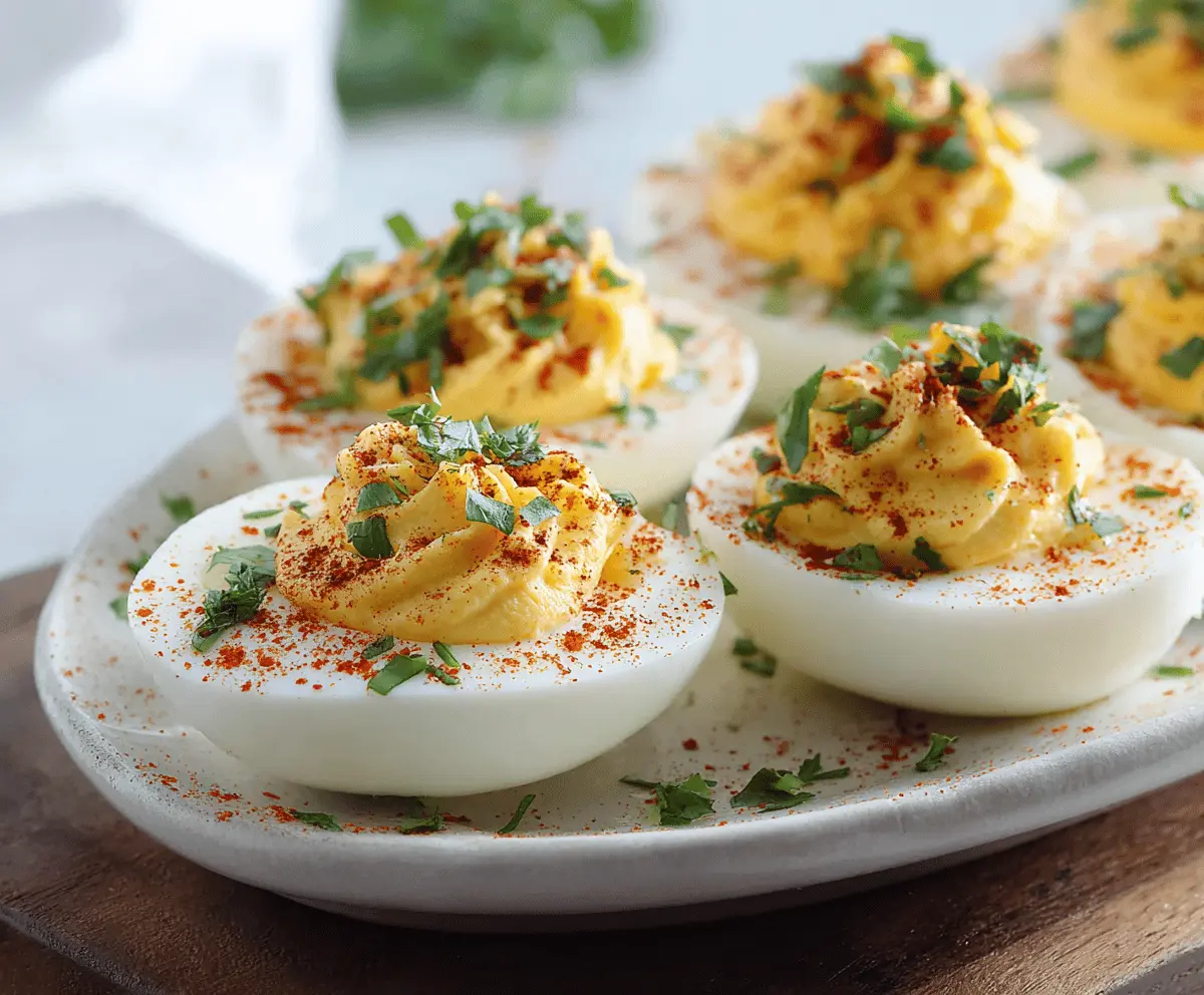 Delicious low-carb deviled eggs garnished with paprika on a white plate