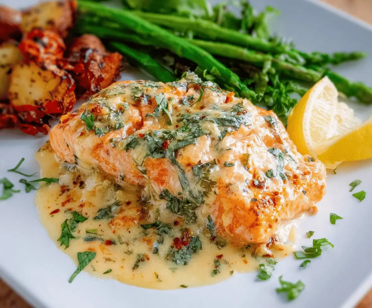 Delicious Marry Me Creamy Herb Salmon topped with fresh herbs and served with a rich garlic butter sauce.
