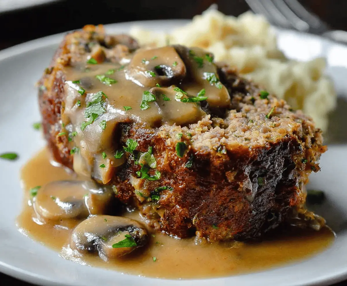 Delicious homemade meatloaf topped with rich mushroom gravy on a rustic plate.