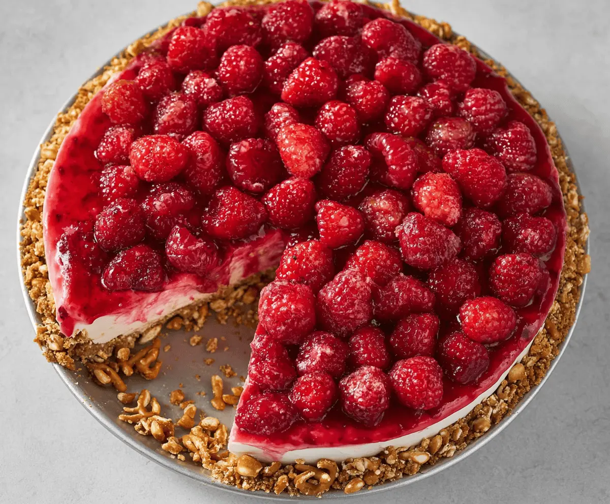 Delicious No-Bake Raspberry Pretzel Pie with a creamy filling and fresh raspberries on top