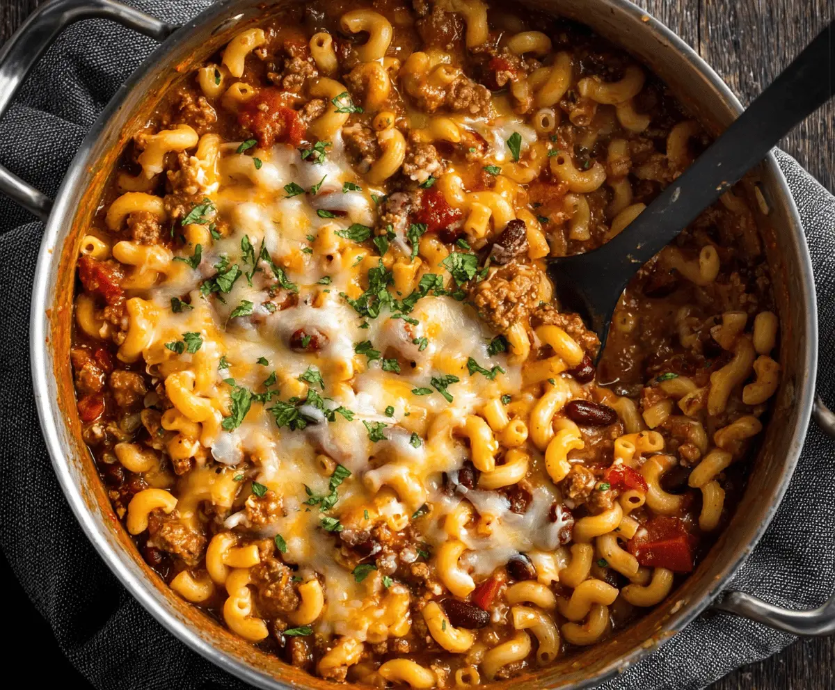 Delicious One Pot Chili Mac and Cheese served in a bowl, showcasing creamy cheese, hearty chili, and pasta for a comforting meal.