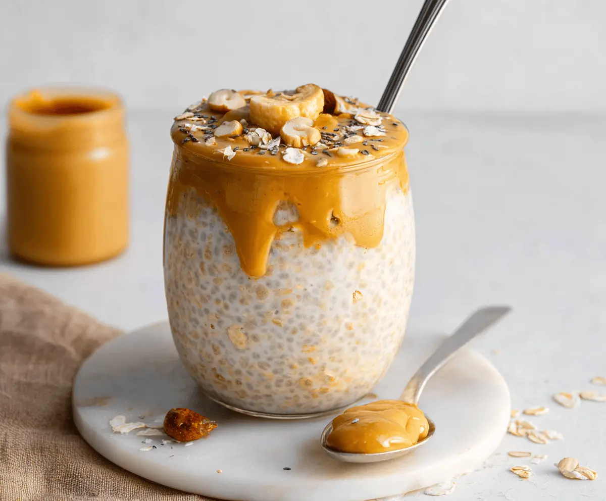 Delicious overnight oats with creamy peanut butter in a glass jar, perfect for a healthy breakfast.