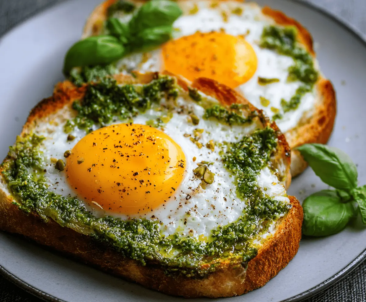 Delicious pesto egg toast topped with fresh basil and melted cheese, perfect for breakfast or brunch.