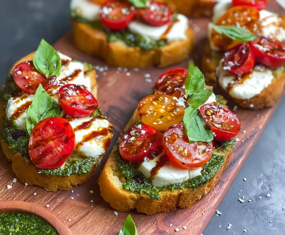 Delicious pesto tomato mozzarella crostini topped with fresh basil on a rustic wooden board.