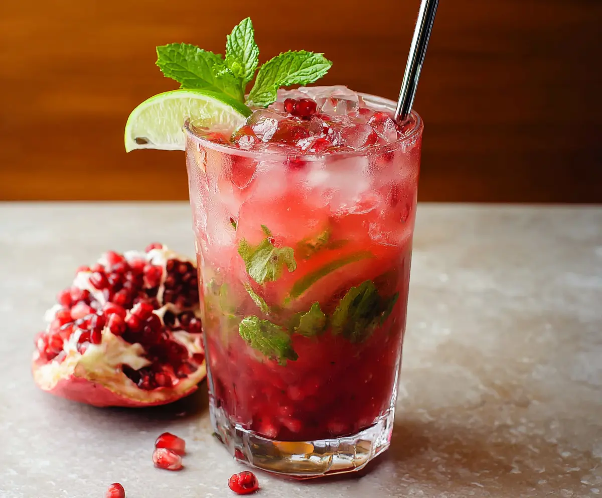 Refreshing Pomegranate Mojito in a glass garnished with mint leaves and pomegranate seeds.