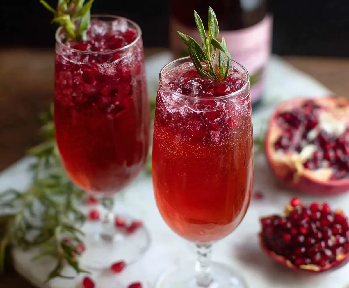 Glassy Pomegranate Prosecco Cocktail garnished with pomegranate seeds and mint on a decorative surface.