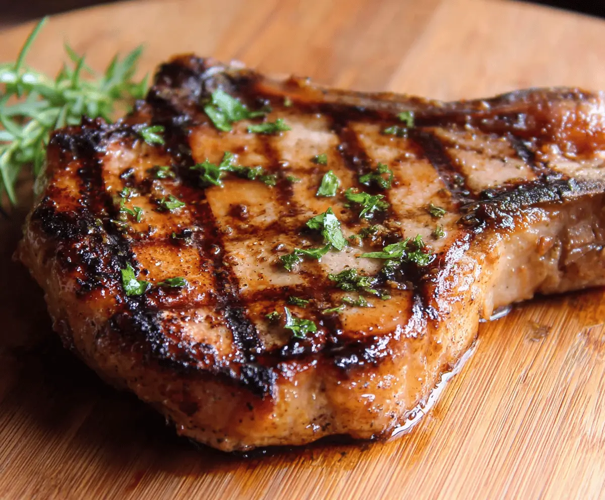 Juicy pork chop marinated with herbs and spices for a flavorful dinner.