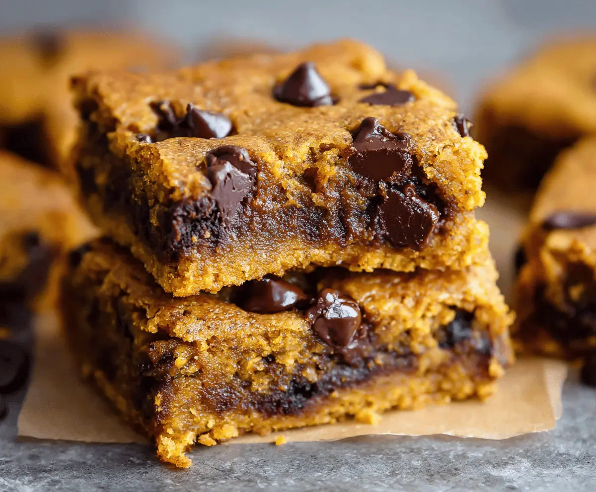 Delicious pumpkin chocolate chip bars with a moist, crumbly texture and chocolatey goodness