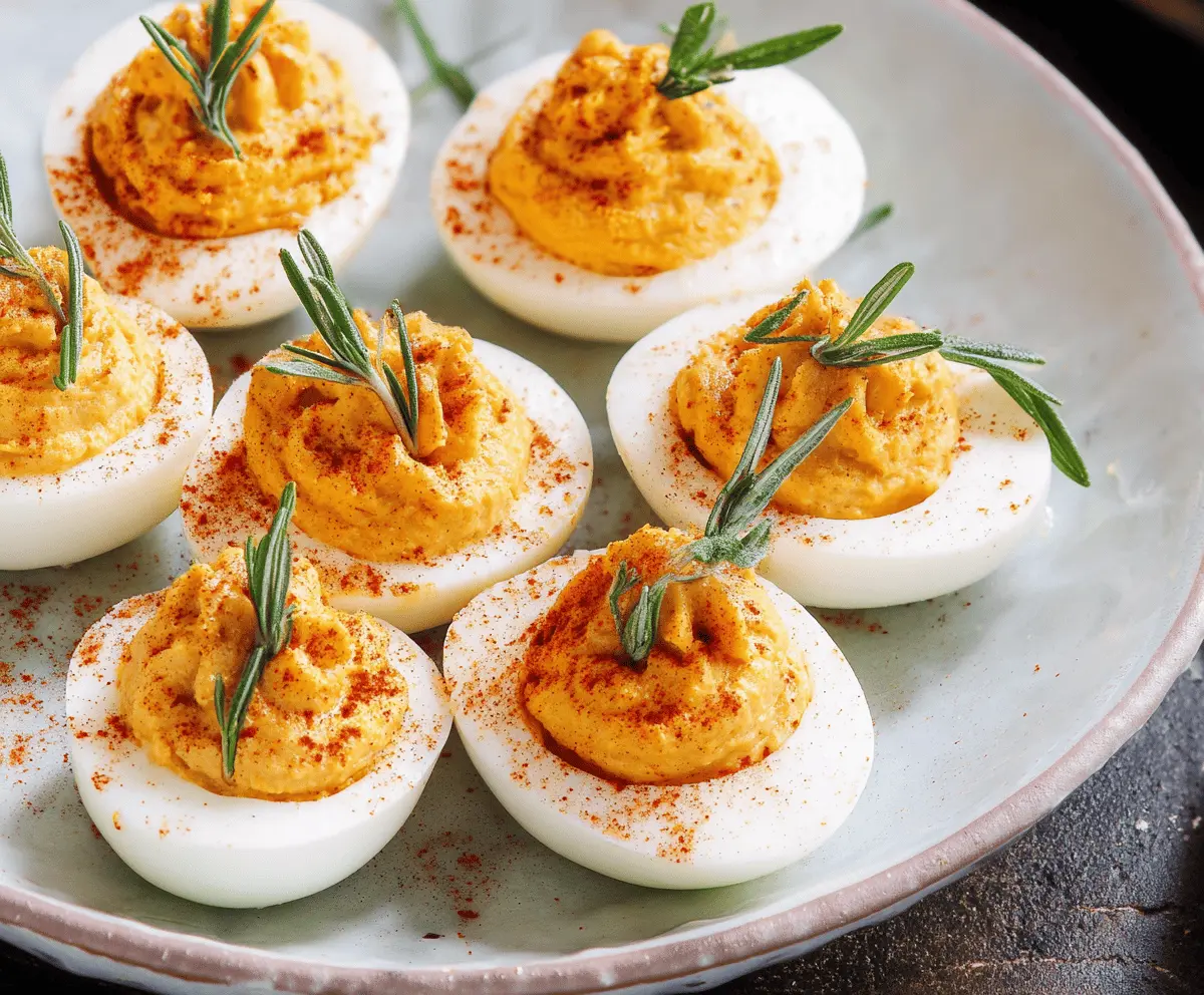 Creamy pumpkin deviled eggs garnished with herbs for a festive appetizer