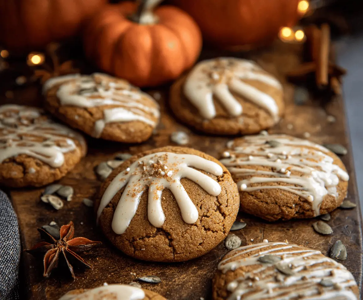 Delicious pumpkin gingerbread cookies garnished with icing, perfect for fall baking.
