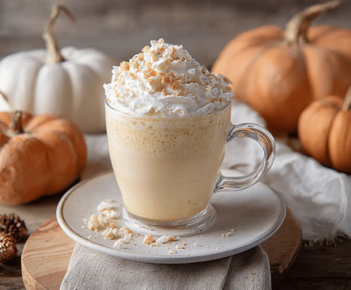 Creamy pumpkin white hot chocolate in a mug topped with whipped cream and cinnamon, perfect for fall warming drinks