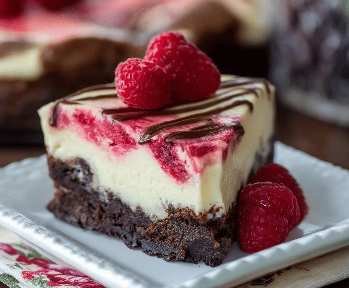 Delicious Raspberry Brownie Cheesecake topped with fresh raspberries and a chocolate drizzle.