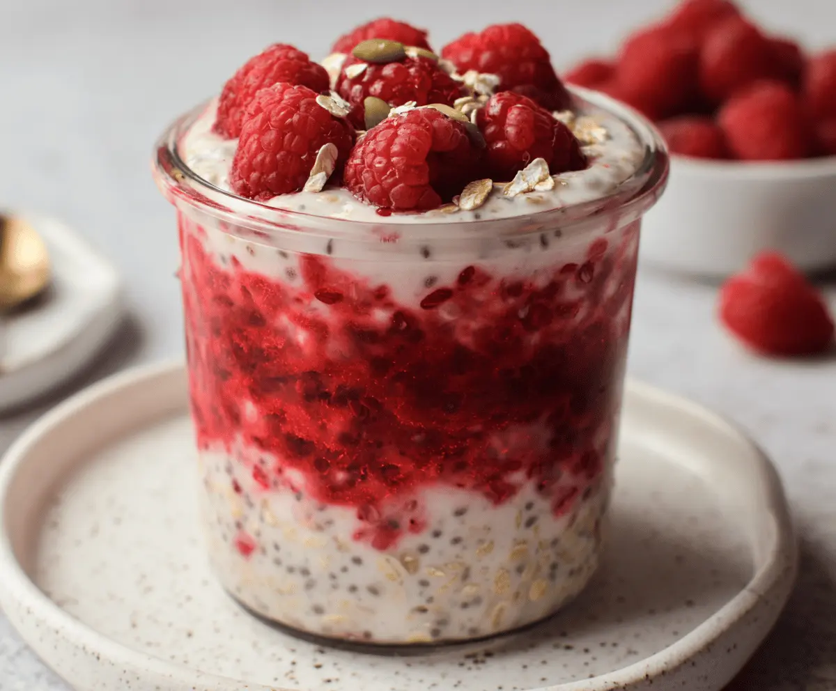 Creamy raspberry overnight oats in a glass jar topped with fresh berries and a sprig of mint.