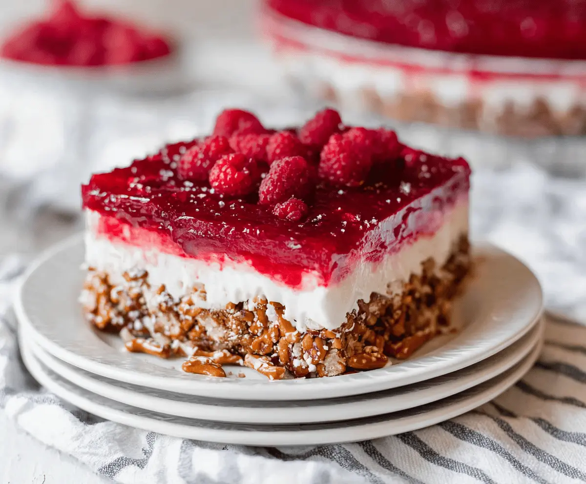 Delicious Raspberry Pretzel Salad Cake with a creamy topping and fresh raspberries on top.