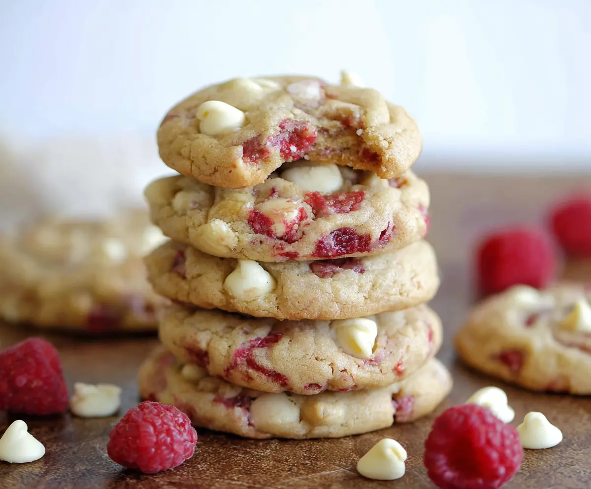Delicious Raspberry White Chocolate Chip Cookies on a baking sheet, freshly baked and ready to enjoy.