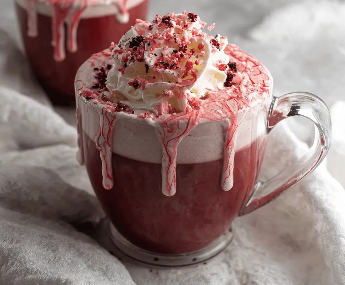Creamy red velvet hot chocolate topped with whipped cream and chocolate shavings, perfect for winter treats.