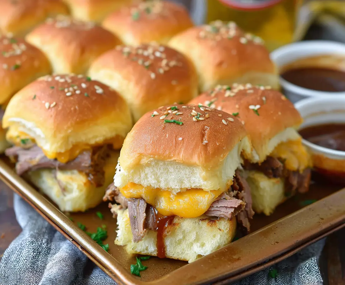 Delicious roast beef and cheddar sliders on a serving platter, perfect for parties and snacks.