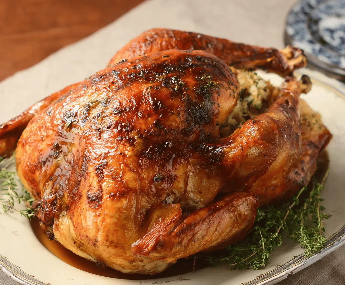 Golden roasted turkey on a platter, perfect for holiday dinners.
