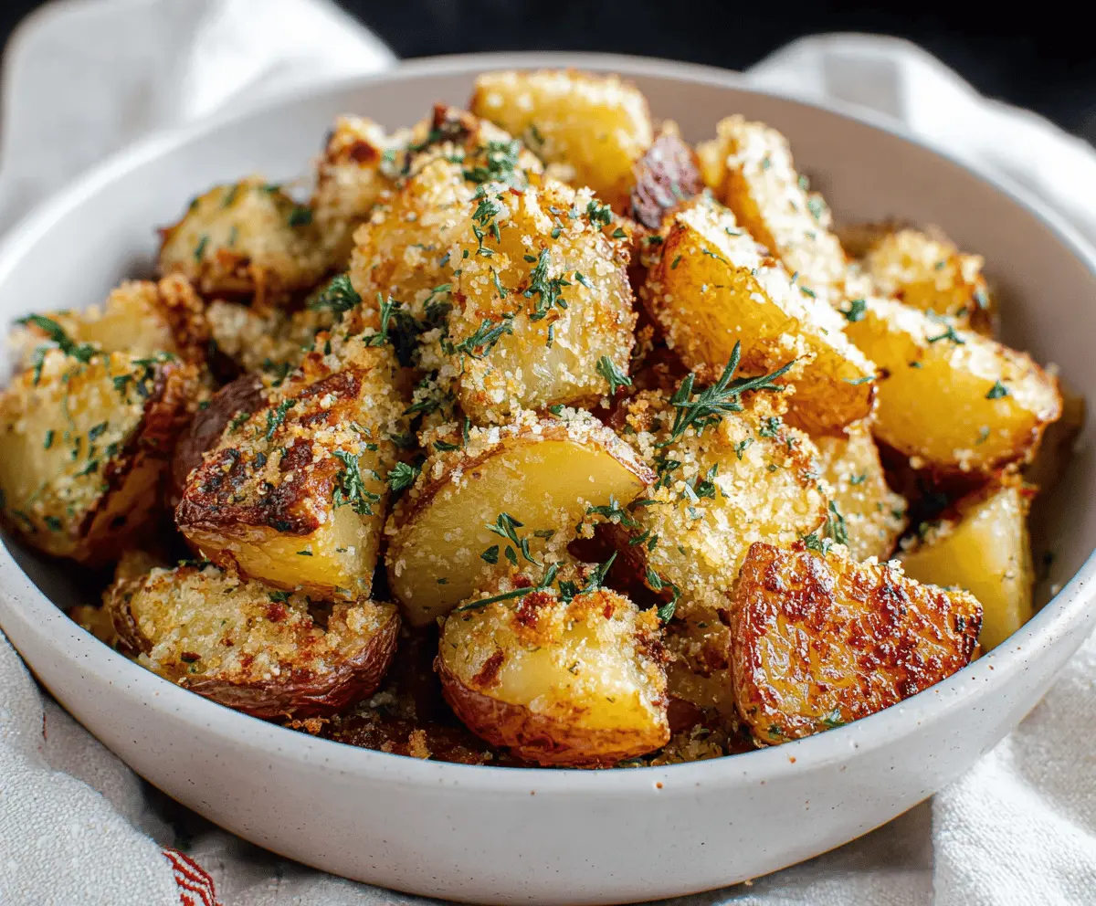 Delicious roasted garlic Parmesan potatoes served on a platter, golden and crispy.