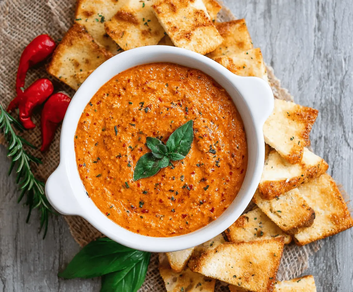 Creamy roasted red pepper dip served with fresh vegetables for a delicious appetizer.