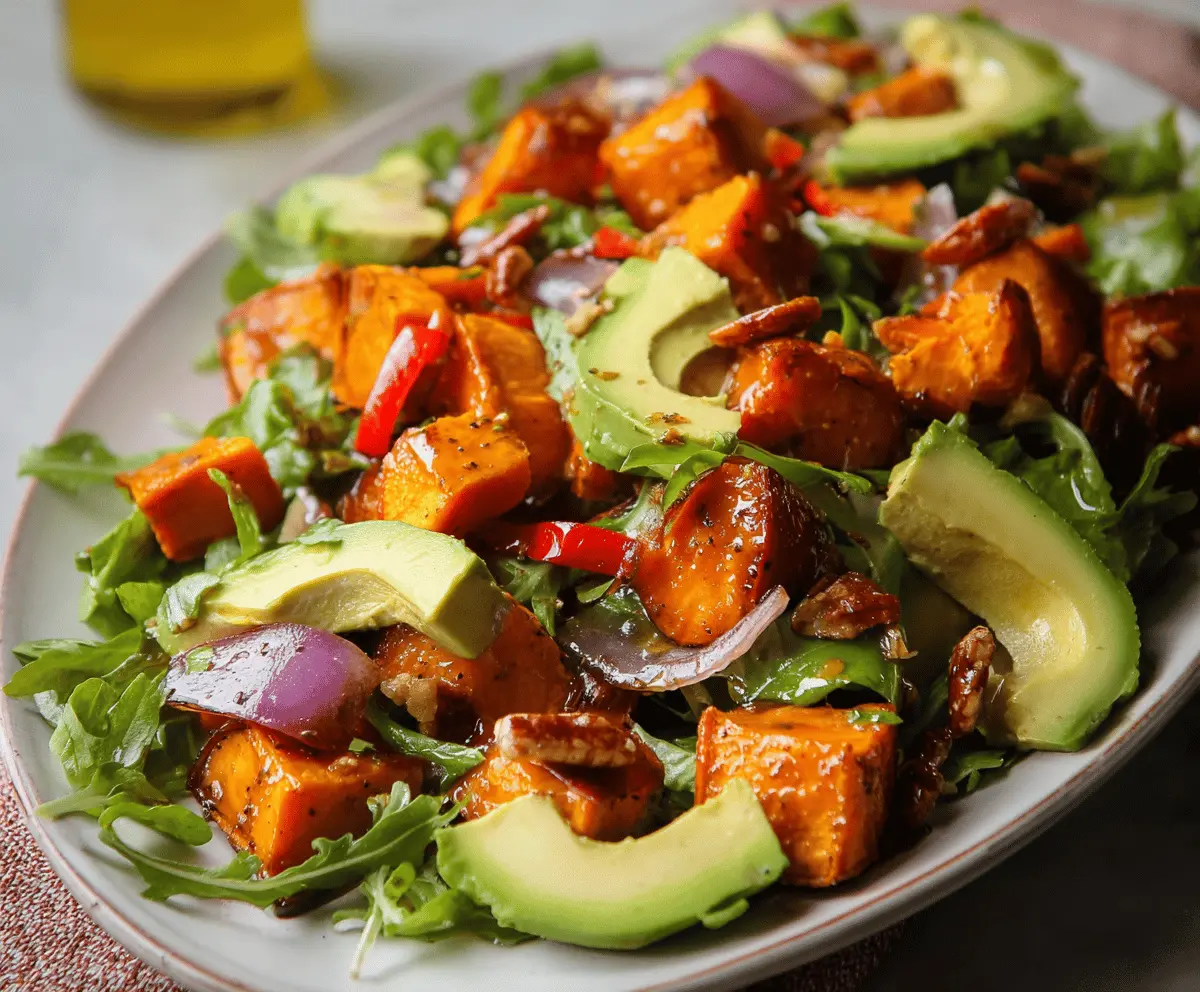 Fresh roasted sweet potato and creamy avocado salad served with lemon and herbs.