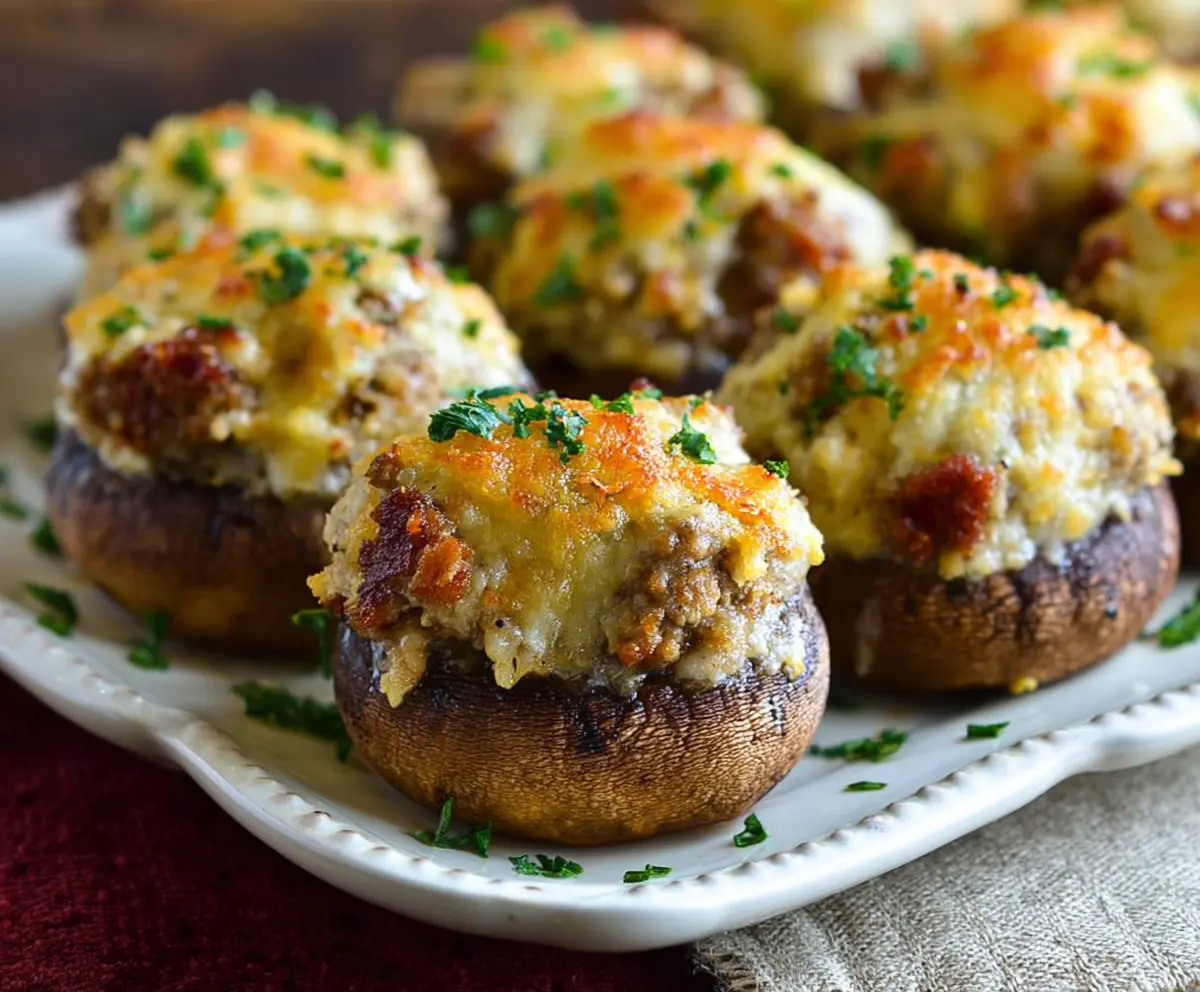 Delicious sausage stuffed mushrooms garnished with herbs on a rustic platter
