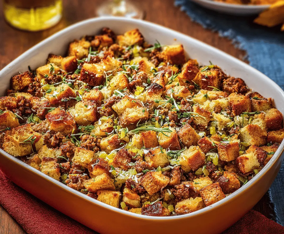 Delicious sausage stuffing with herbs and breadcrumbs served on a festive platter