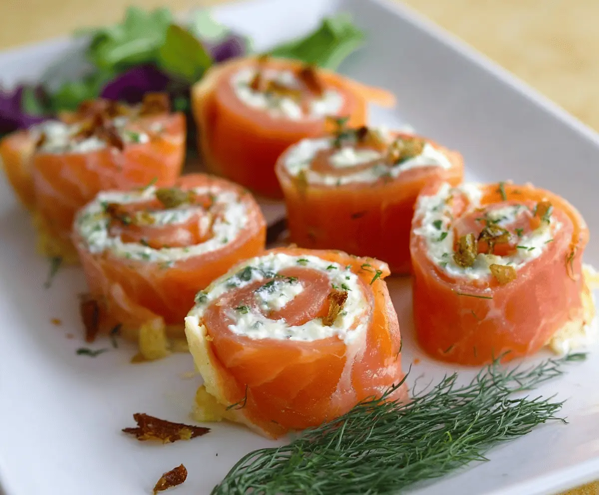 Delicious smoked salmon pinwheels with cream cheese and fresh herbs on a serving platter