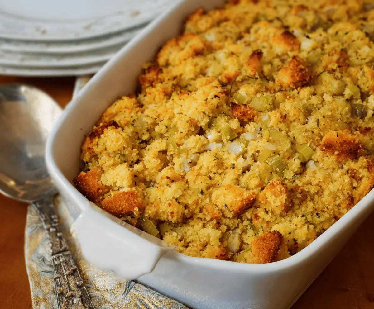 Traditional Southern Cornbread Dressing served in a rustic bowl, perfect for holiday dinners.