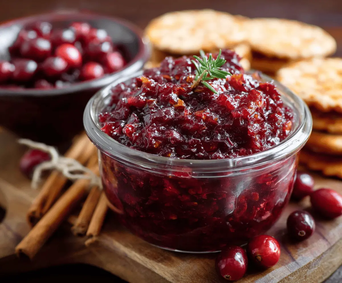 Vibrant Spicy Chipotle Cranberry Chutney served in a bowl with fresh ingredients around it.