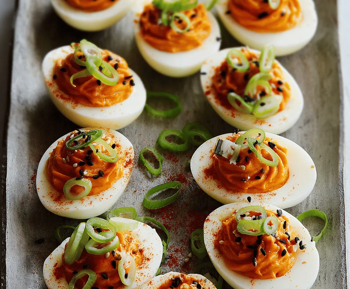 Spicy Gochujang Deviled Eggs served on a white plate with garnishes