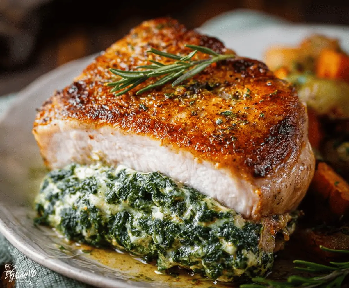 Delicious spinach and cheese stuffed pork chops served on a plate, perfectly cooked and garnished with herbs.
