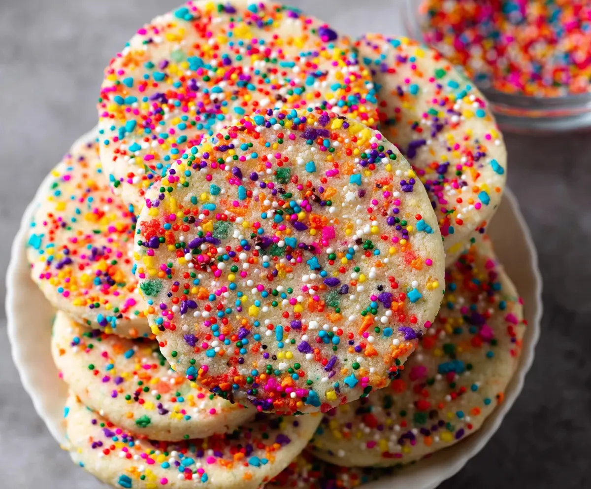 Homemade sprinkle sugar cookies with colorful rainbow sprinkles on a baking tray