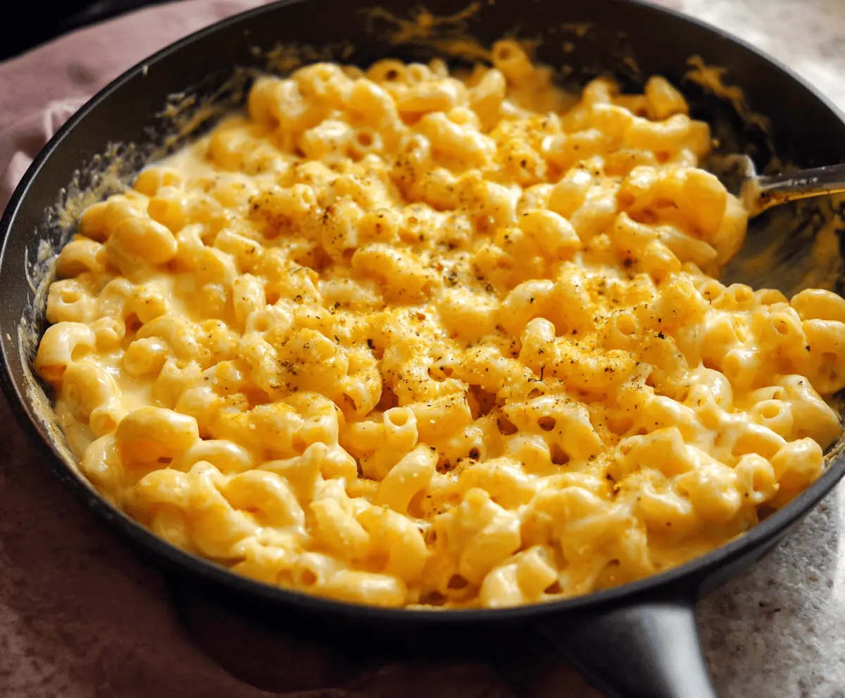 Creamy stovetop macaroni and cheese in a serving bowl, ready to enjoy.