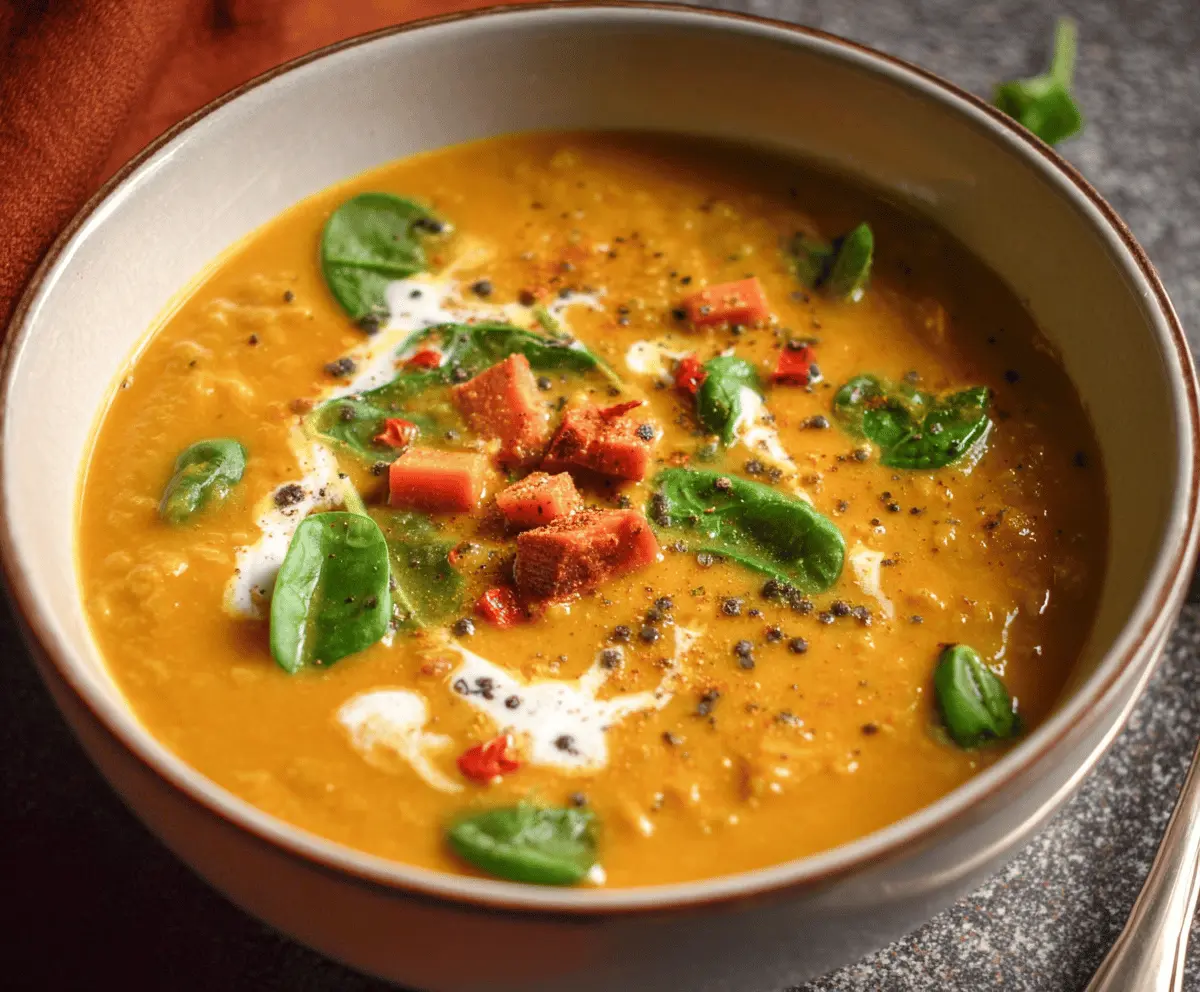 Warm and comforting sweet potato curry soup in a bowl with herbs and spices.