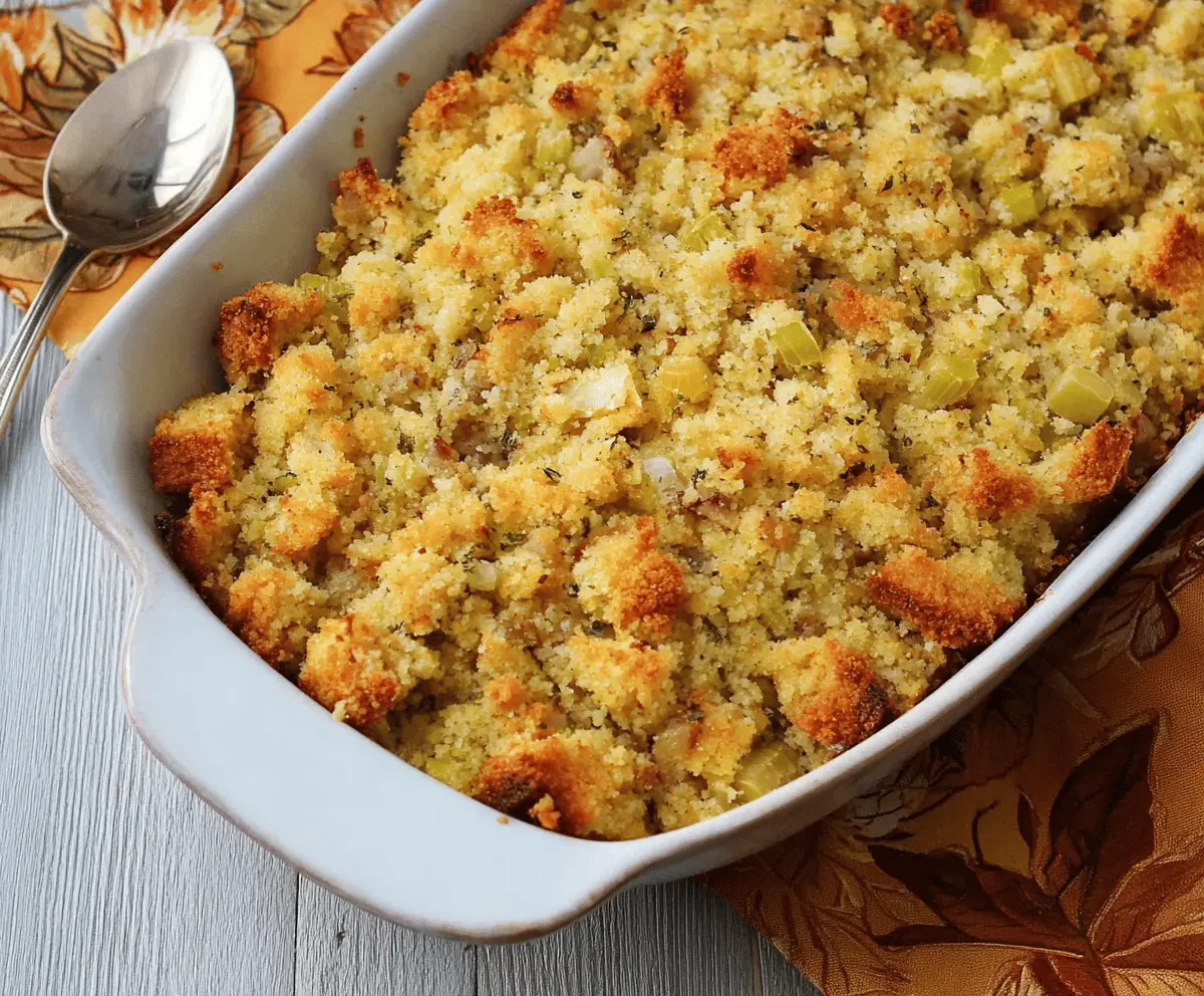 Delicious Southern Cornbread Dressing served on a plate, perfect for holiday dinners.