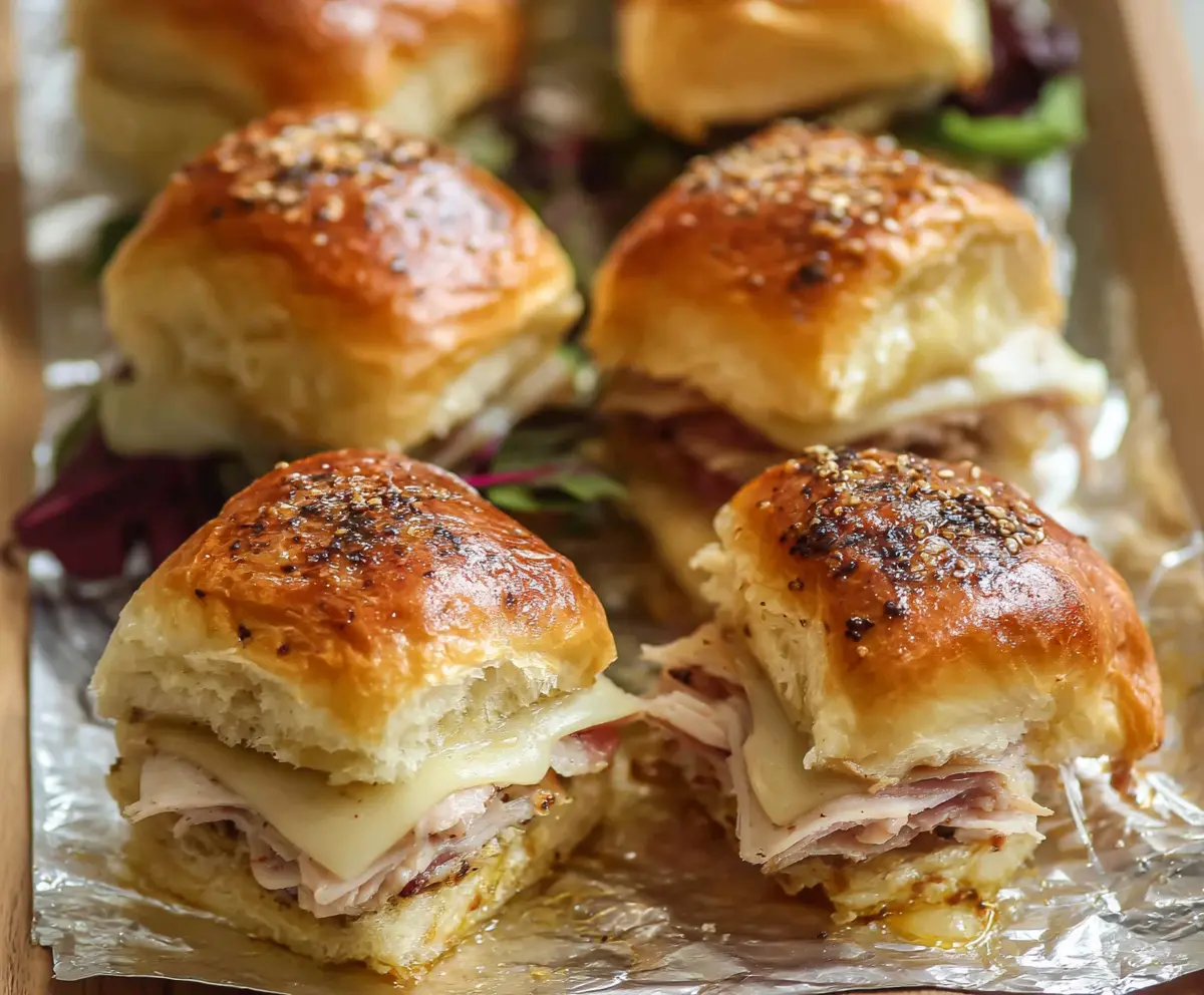 Delicious turkey and Swiss sliders on a platter, perfect for appetizers and sandwiches.
