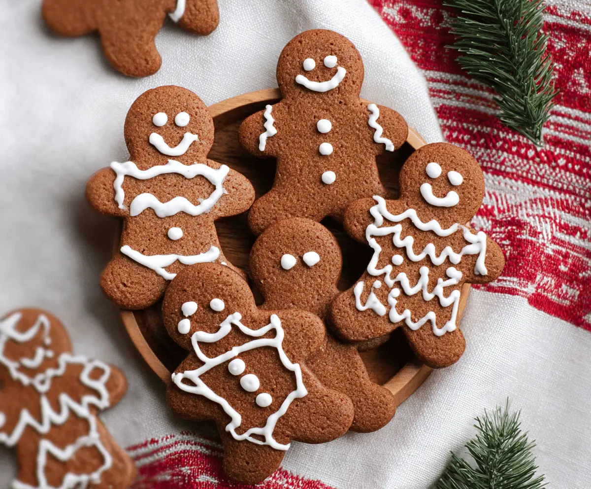 Vegan gingerbread cookies decorated with icing on a festive plate.