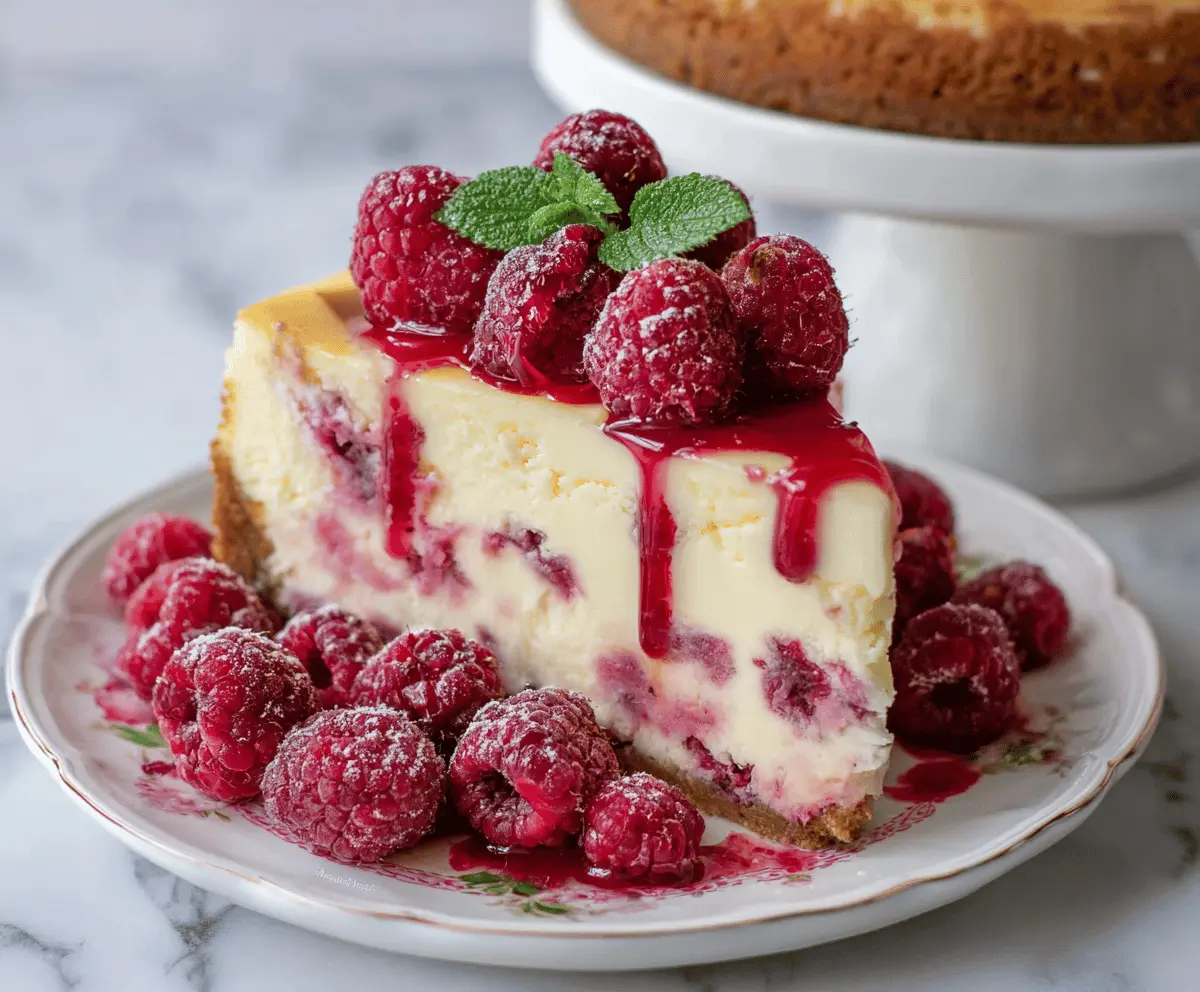 Delicious White Chocolate Raspberry Cheesecake topped with fresh raspberries and a glossy glaze