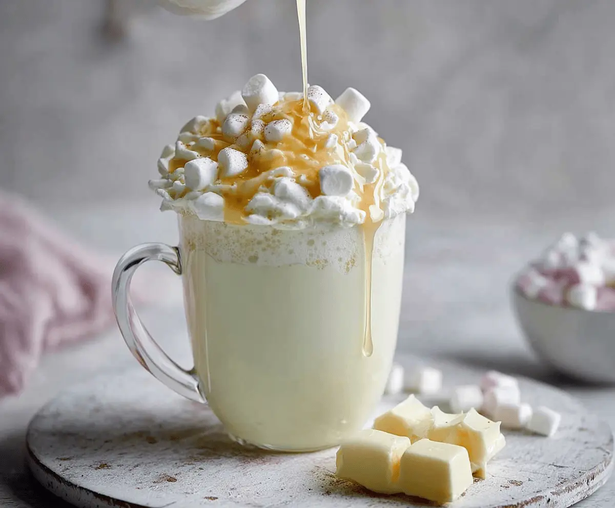 Creamy white hot chocolate in a mug garnished with whipped cream and chocolate shavings.