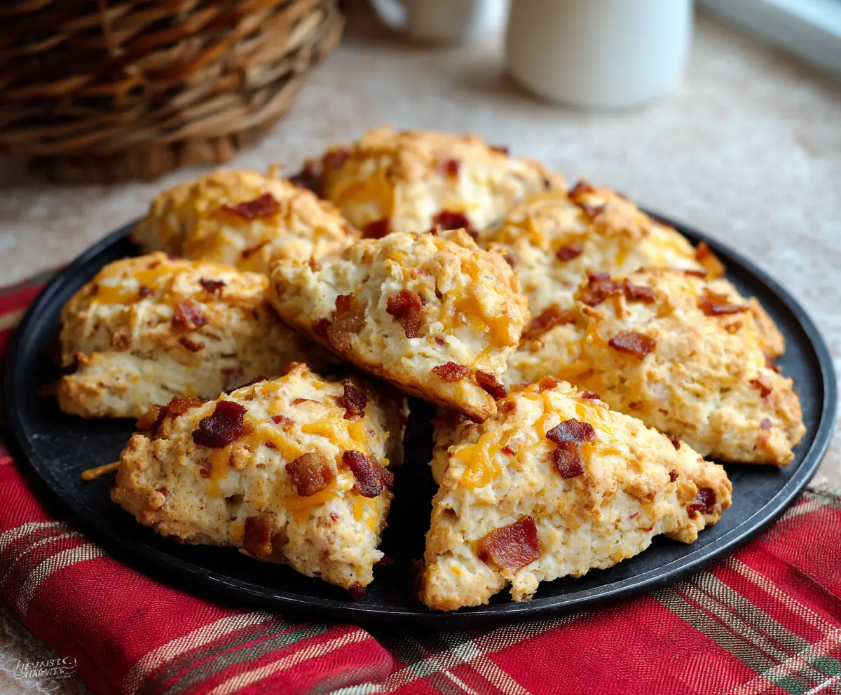 Delicious homemade Apple Cheddar Bacon Scones on a serving platter with fresh ingredients.