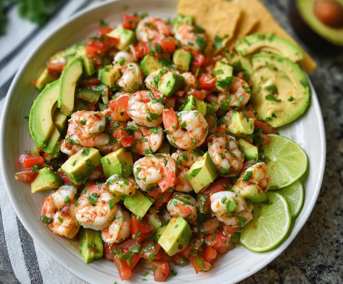 Fresh avocado salsa shrimp salad on a white plate with vibrant ingredients and garnishes.
