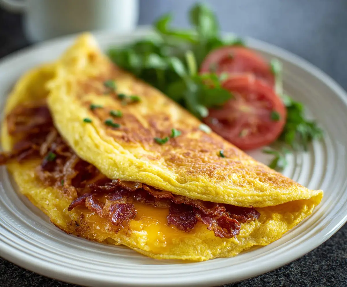 Delicious bacon, egg, and cheese omelet on a breakfast plate