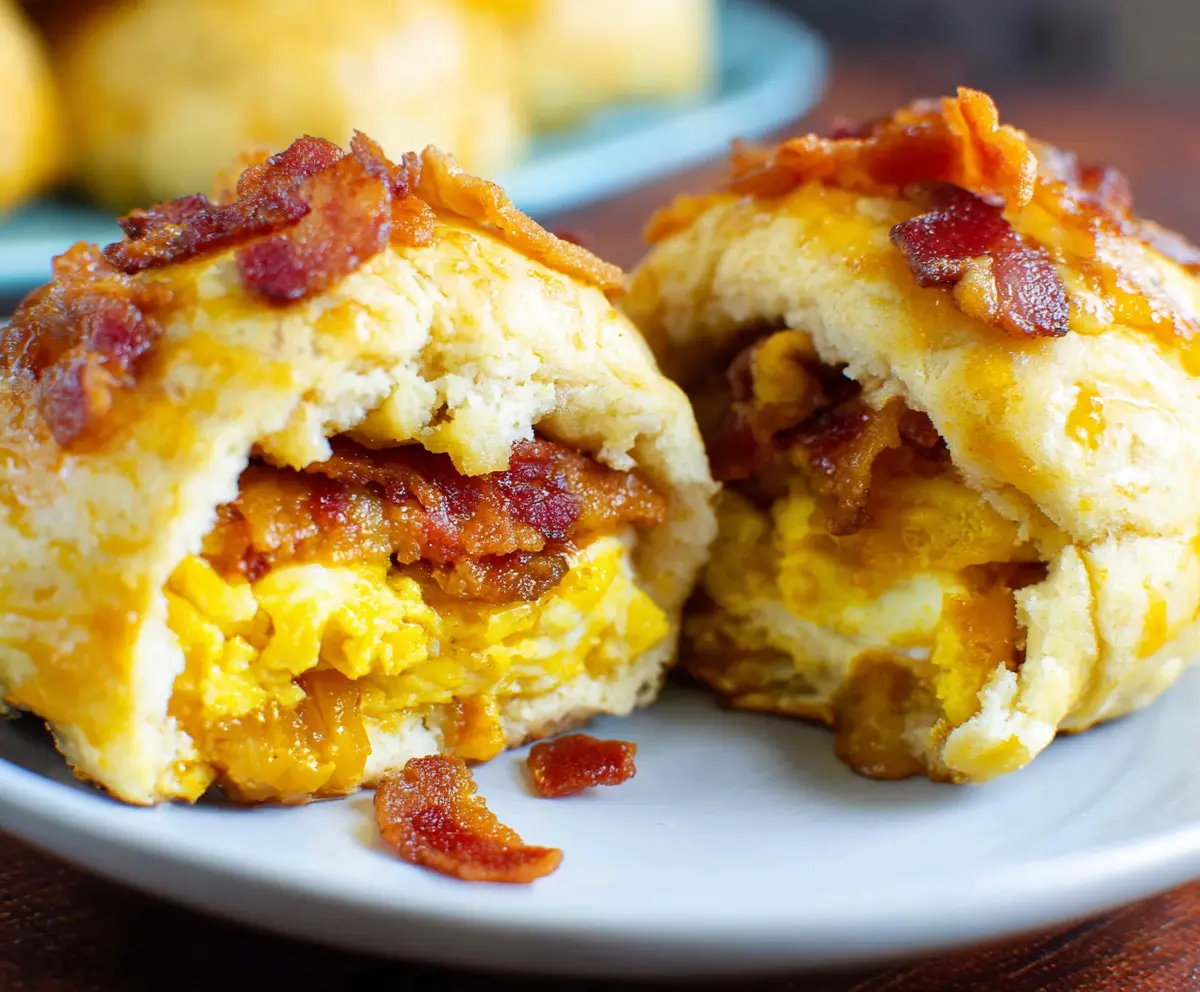 Delicious Bacon Egg Breakfast Biscuit Bombs with crispy bacon and fluffy eggs in a golden biscuit shell.