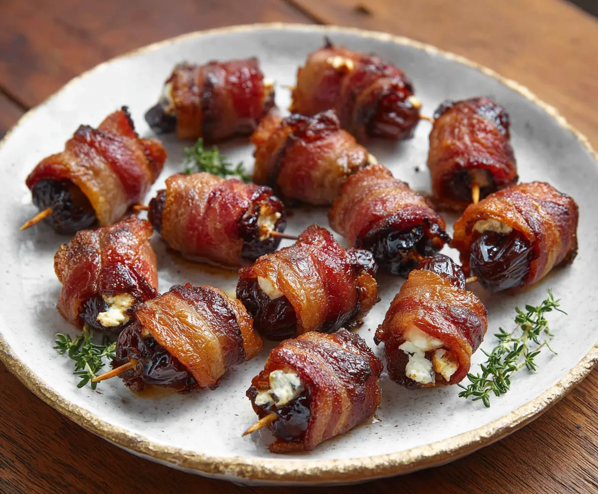 Delicious bacon-wrapped dates stuffed with creamy goat cheese, perfect appetizer dish.