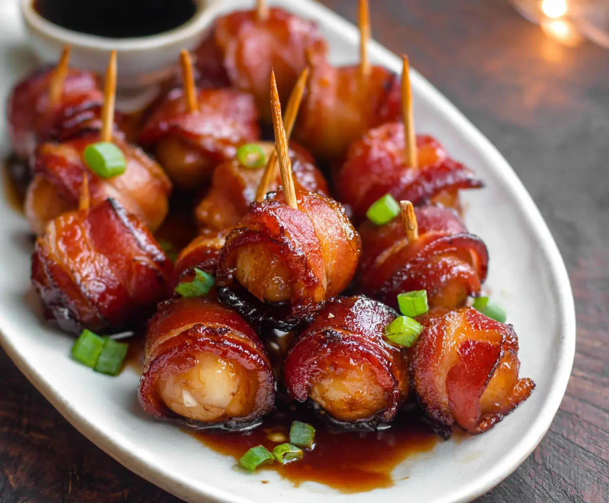 Crispy bacon-wrapped water chestnuts appetizer on a platter