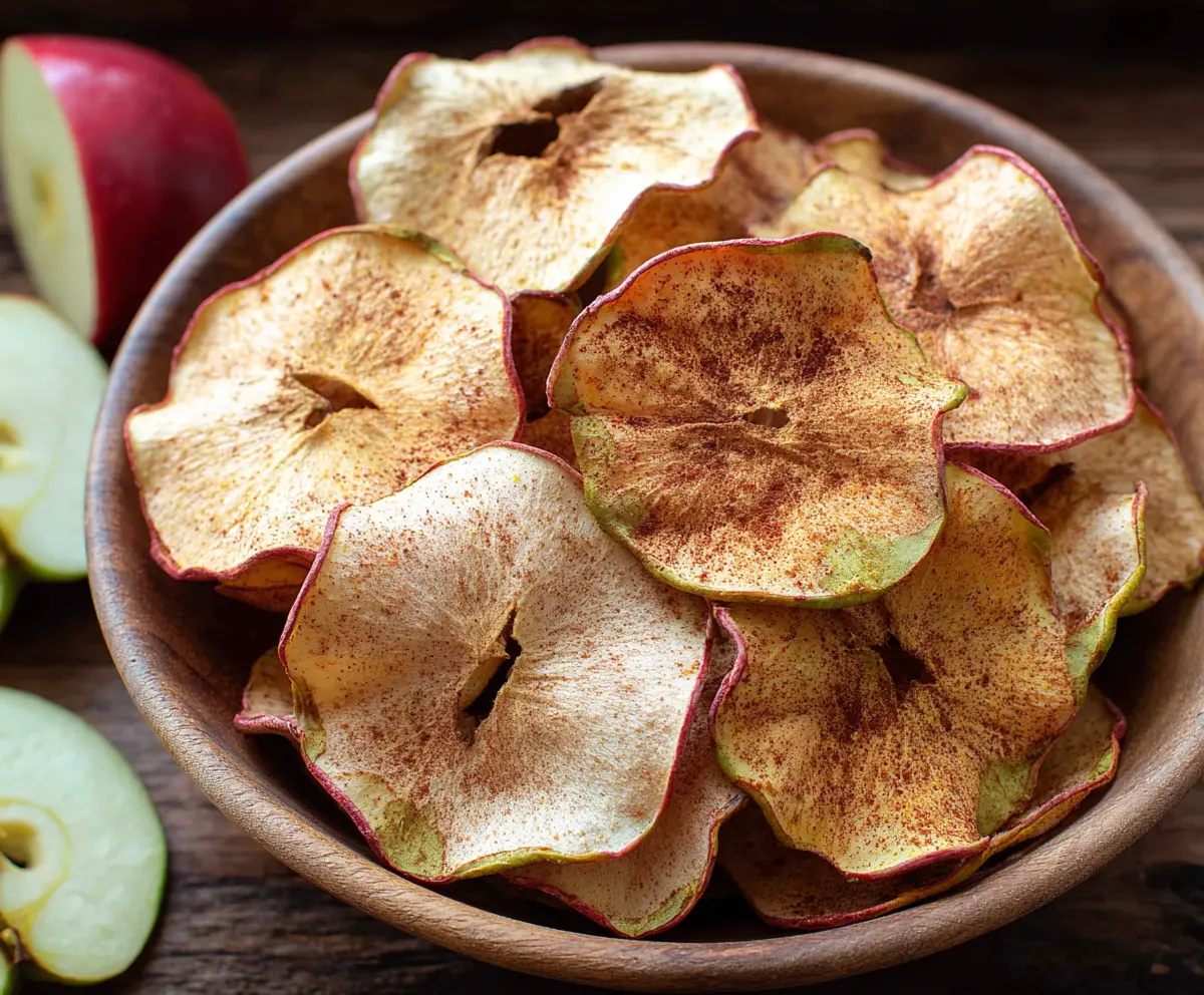 Crispy homemade baked apple chips on a white plate, perfect for a healthy snack.