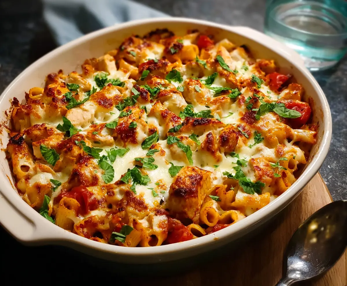 Delicious baked chicken mozzarella pasta in a savory tomato sauce, topped with melted mozzarella cheese.