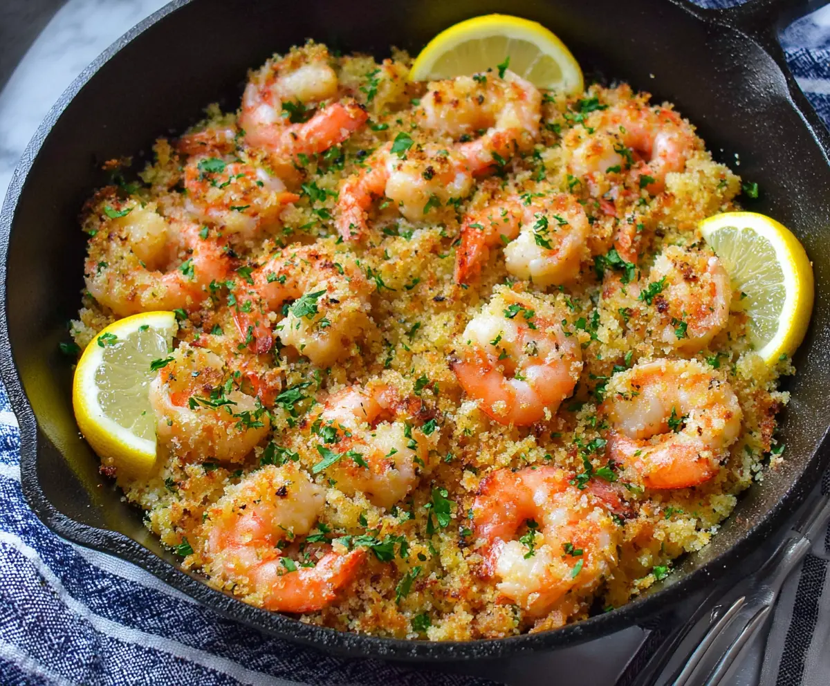 Delicious baked shrimp scampi topped with crispy breadcrumbs served on a white plate.