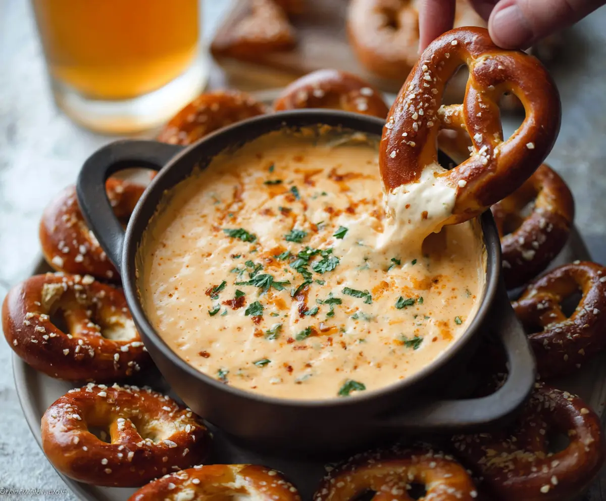 Delicious Beer Cheese Dip served with crispy pretzels and fresh vegetables